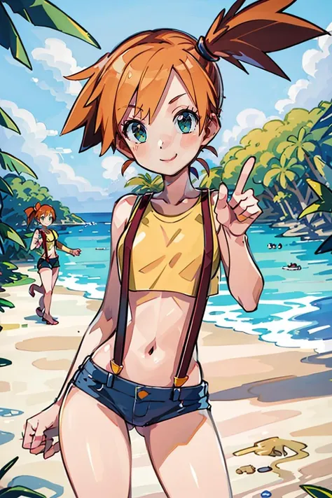 ((masterpiece,best quality)), absurdres,
<lora:Misty_Pokemon_v2_Anime:0.8>, Misty_Pokemon, yellow crop top, suspenders, side ponytail, orange hair, 
solo, smiling, looking at viewer, cowboy shot,
cinematic composition, contrapposto, peace sign,
tropical beach,