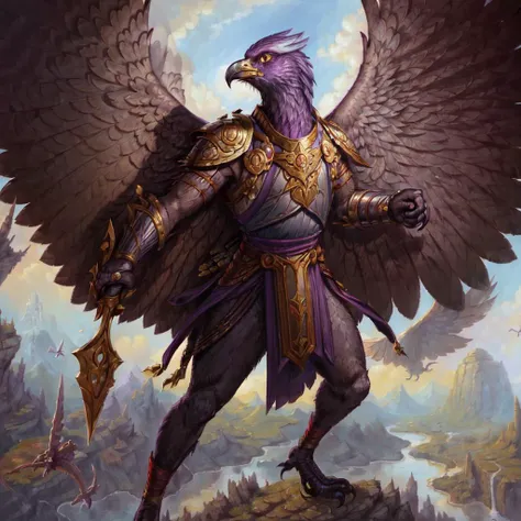 masterpiece, best quality,((solo)), painting of Aven a Dark Purple bird man wearing armor, medieval setting, standing in a clime, evening <lora:Aven:0.9>