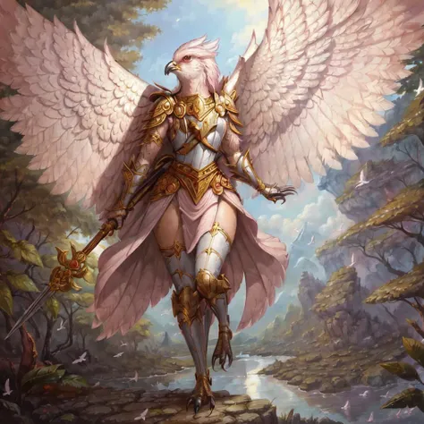 masterpiece, best quality,((solo)), painting of Aven a Light Pink bird woman wearing armor, medieval setting, in a forest, night, folded wings, walking <lora:Aven:0.85>