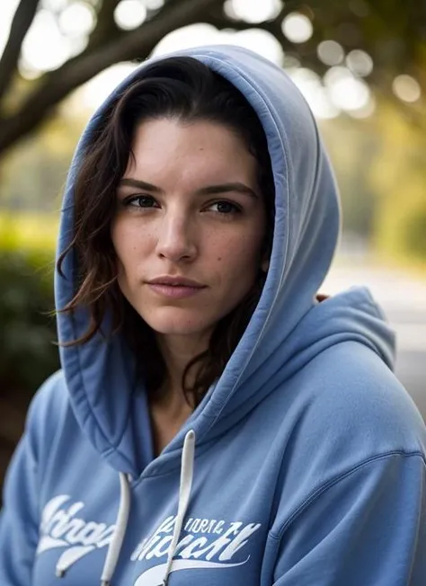 A stunning intricate color close up portrait of (sks woman:1) , wearing Hoodie and sweatpants, epic character composition, sharp focus, natural lighting, subsurface scattering, f2, 35mm, film grain, , by Edward Weston, <lora:lora-small-gina-carano-v1:1>