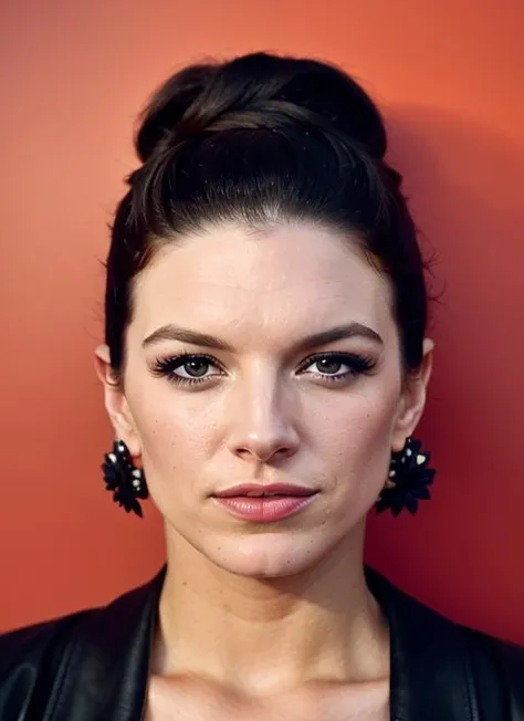 A waist-up portrait of a beautiful female whose facial features are a combination of Hayley Atwell + Rose McGowan. The female has lovely makeup on her face. The female wears red lipstick. Symmetrical eyes. Symmetrical face. Lovely details. Photorealistic. Full-colored photo. Professional photo. Highly detailed 8K.