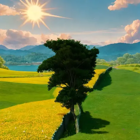 Sunny day, Cinematic scene of a two green hills covered in plants and flowers connected by an exploding bridge, <lora:BloomCore:0.8>