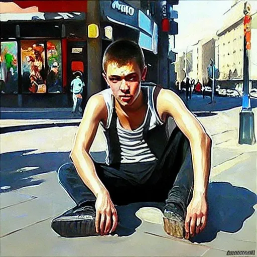 gopnik guy is sitting on the street, gopstyle, semi-realistic art 8k, ultra artstation quality