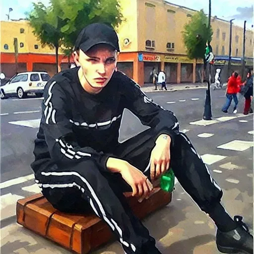 gopnik guy is sitting on the street, gopstyle, semi-realistic art 8k, ultra artstation quality