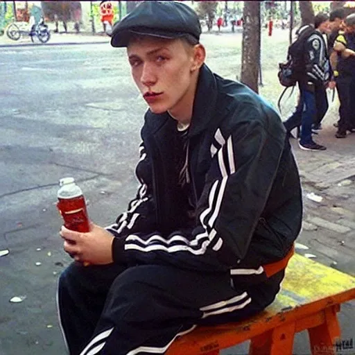 gopnik guy is sitting on the street, gopstyle, semi-realistic art 8k, ultra artstation quality