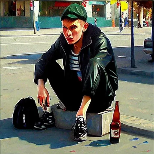 gopnik guy is sitting on the street, gopstyle, semi-realistic art 8k, ultra artstation quality