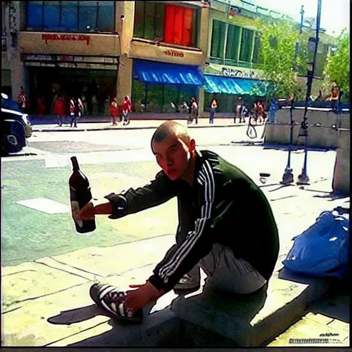 gopnik guy is sitting on the street, gopstyle, semi-realistic art 8k, ultra artstation quality