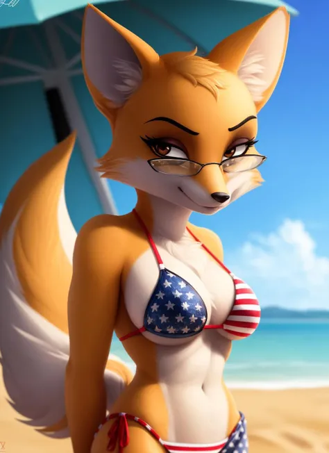 ltfoxvixen, furry female anthro, fox girl, glasses, portrait, close-up, american flag bikini, fur trim, solo, tail, (body fur:1.2), (best quality), (detailed beach background:1.2), (detailed fluffy fur:1.1), looking at viewer, small breasts, brown eyes, <lora:ltfoxvixen-v1:1>