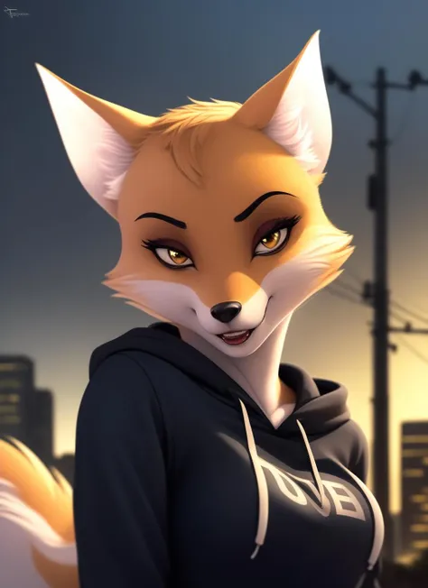 ltfoxvixen, furry female anthro, fox girl, portrait, close-up,  (hoodie:1.2),  fur trim, solo, (body fur:1.2), (best quality), (detailed urban background:1.2), dramatic lighting, (detailed fluffy fur:1.1), looking at viewer,  medium breasts, white undershirt, <lora:ltfoxvixen-v1:1>