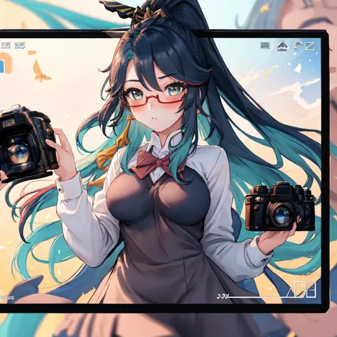 masterpiece, (detailed, highres, best quality), 1girl, <lora:xianyun_v1:0.6> xianyun, medium breasts, multicolored hair, very long hair, ponytail, hair ornament, semi-rimless eyewear, earrings, school uniform, blush, >.<,<lora:ViewfinderCamera:1> IncrsViewFinder, pov, viewfinder, camera