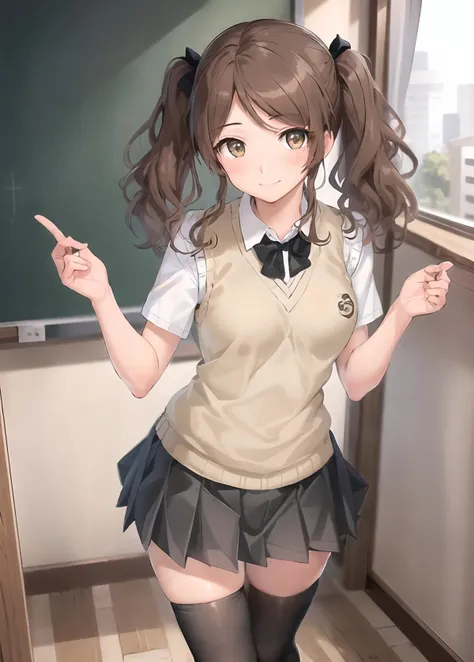 Taeko Kondo、Girls&Panzer、Brown Hair、Short Hair、((pantyhose))、Photo from below、Medium chest、Bedroom、(Sleeveless shirt)、Red ribbon、Black Panties、Checkered mini skirt