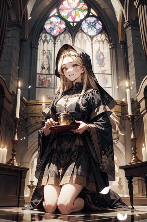 (absurdres, highres, ultra detailed, masterpiece, best quality), cowboy shot, dutch angle, finely detailed eyes and detailed face, intricate details, complex background, cinematic lighting, 1girl, solo, shag hair, beige hair, heterochromia, (stained glass), radiant colors, holy religious leader, zealous fury religious clothing black circular symbols circlet kneeling giving blessing symmetrical composition church, magnificent, majestic, sacred, altar divine light divine aura religious icons incense, hovering candles, mural floating particles sacred texts embroidery swirling lights emanating urn chalice basin ofholy water petals majestic atmosphere medieval high fantasy style gold reflections holy fire updraft, intricate patterns, glowing light, captivating details, timeless artistry, mosaic art, small pieces, colorful tesserae, intricate patterns, tiled designs, durable surfaces, time-honored techniques, installation art, immersive environments, experiential spaces, site-specific works, engaging interactions, thought-provoking concepts, herbalist, plant magic, potion brewing, natural remedies, healing salves, botanical knowledge, communion with nature, smile