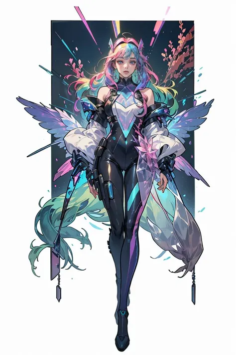 (masterpiece, top quality, best quality, official art, beautiful and aesthetic:1.2),full body,1 girl wearing a transparent bodysuit made of azure crystal,suspended in air,hovering,a pair of huge pink crystal wings,nubela,(iridescent,vivid fancy neon color), holo glowing rainbow color long hair, <lora:samo crystal3:0.5> <lora:edgFuturistic1:0.5> edgFut_clothing, wearing edgFut_clothing,  [futuristic headpiece|visor] <lora:aki:0.25> alphonse mucha <lora:Painted_poster_V1-000035_1_pp:0.5> Painted poster, 1girl <lora:RainbowHairV1:0.5> rainbow hair<lora:EF-GoodHands-beta2:0.5><lora:EF-GoodHands-beta2:0.5>