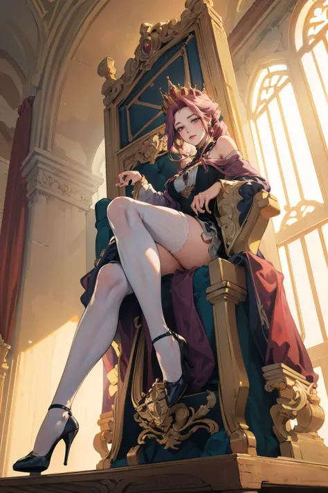 Crazy Clown Queen,sitting on golden throne,Jester cap,Clown costume, mitts,Vibrant colors, burst into laughter, dark gold hair,Cute,Horror,Wavy hair, hair-bun,high-heels。 (It's all blood),Circus props, spooky ambiance, haunted background。style of surrealism, Sharp contrast,ominous lighting,hdr,hyper HD,Studio lighting,painting-like,Ultra-fine painting,Sharp focus,Physically-based rendering,Extreme detail description,professional,((Horror)).
