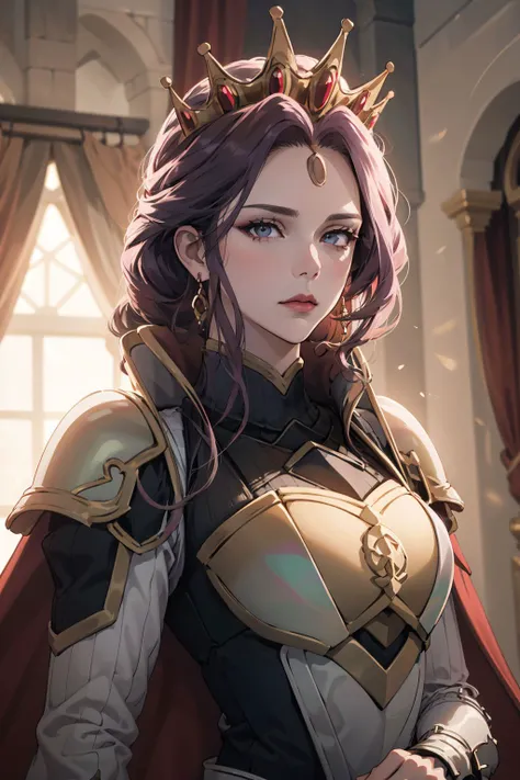 <lora:Mirelia-11:0.8>, Mirelia, 1girl, solo, long hair, looking at viewer, long sleeves, jewelry, closed mouth, upper body, earrings, indoors, cape, armor, makeup, tiara, crown, shoulder armor, breastplate, mature female,