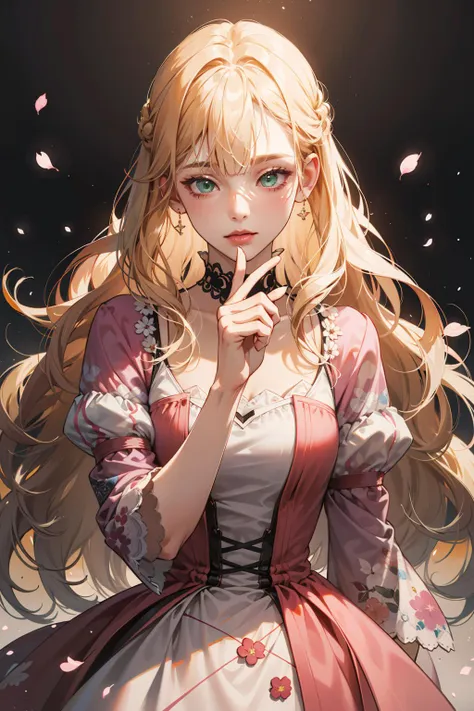 (absurdres, highres, ultra detailed), 1girl, mature female, wavy blonde hair, long hair, blunt bangs, green eyes, pink dress, finely detailed eyes and detailed face, extremely detailed CG unity 8k wallpaper, intricate details, BREAK , kaleidoscopic imagery, symmetrical patterns, vibrant colors, geometric shapes, mesmerizing designs, optical illusions, dynamic composition BREAK , pantomime art, expressive body language, silent storytelling, evocative gestures, visual narratives, theatrical performances BREAK , blooming flowers, colorful petals, fragrant scents, nature's bounty, vibrant gardens, peaceful scenery