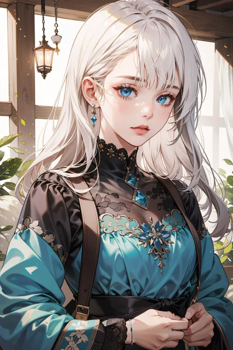 (absurdres, highres, ultra detailed), 1girl, mature female, white hair, long hair, blunt bangs, blue eyes, dress, long sleeves, finely detailed eyes and detailed face, intricate details, BREAK mosaic art, small pieces, colorful tesserae, intricate patterns, tiled designs, durable surfaces, time-honored techniques BREAK macro photography, extreme close-up, intricate details, magnified textures, stunning clarity, hidden beauty, immersive perspective BREAK , artisanal creations, handmade goods, unique designs, intricate details, creative expression, skilled craftsmanship