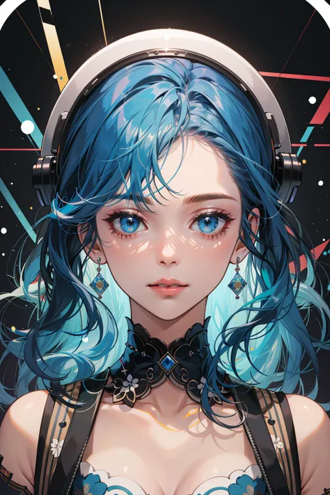 (absurdres, highres, ultra detailed), (1girl:1.3), wavy blue hair, BREAK , glitch art, digital distortion, pixelated fragments, data corruption, colorful noise, visual chaos, contemporary aesthetics BREAK , enamel art, glass-like surface, vibrant colors, glossy finish, reflective textures, rich pigments, fluid forms BREAK , ethnic style, traditional clothing, vibrant patterns, handmade textiles, cultural motifs, beaded jewelry, artisanal accessories