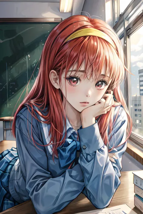 masterpiece, 1girl, solo, school uniform, <lora:add_detail:0.8> ,face focus, pov, in study room, <lora:tokimekimemorial_fujisaki-10:0.9>fujisaki shiori,yellow hairband,long sleeves,pleated skirt, lying,
