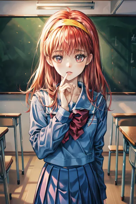 masterpiece, 1girl, solo, school uniform, <lora:add_detail:1.2> ,face focus, pov, in class room, cowboy shot, <lora:tokimekimemorial_fujisaki-10:1>fujisaki shiori,yellow hairband,long sleeves,pleated skirt