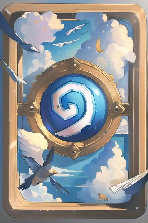 (absurdres, highres, ultra detailed),(masterpiece:1.4), (best quality:1.4), (high resolution:1.4), <lora:hearthstone_3-000006:1>,hearthstone_card,hearthstone's icon in the middle,blue sky, clouds, birds, sunlight,