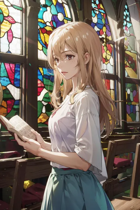 (absurdres, highres, ultra detailed), (1girl:1.3), BREAK ,(church stained glass:1.4),(big_window:1.4), radiant colors, bold outlines, intricate patterns, glowing light, captivating details, timeless artistry BREAK , installation art, immersive environments, experiential spaces, site-specific works, engaging interactions, thought-provoking concepts BREAK , Herbalist, plant magic, potion brewing, natural remedies, healing salves, botanical knowledge, communion with nature, <lora:aoki_clair_v1:0.9>,aoki1, brown eyes, freckles, skirt, white shirt, ribbon,looking at viewer,