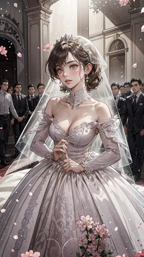 ((best quality)), ((masterpiece))  <lora:wedding_princess:0.5>WEDDING PRINCESS DRESS, light ray, lens flare, pink petals, exotic cat, veil, crowds, family