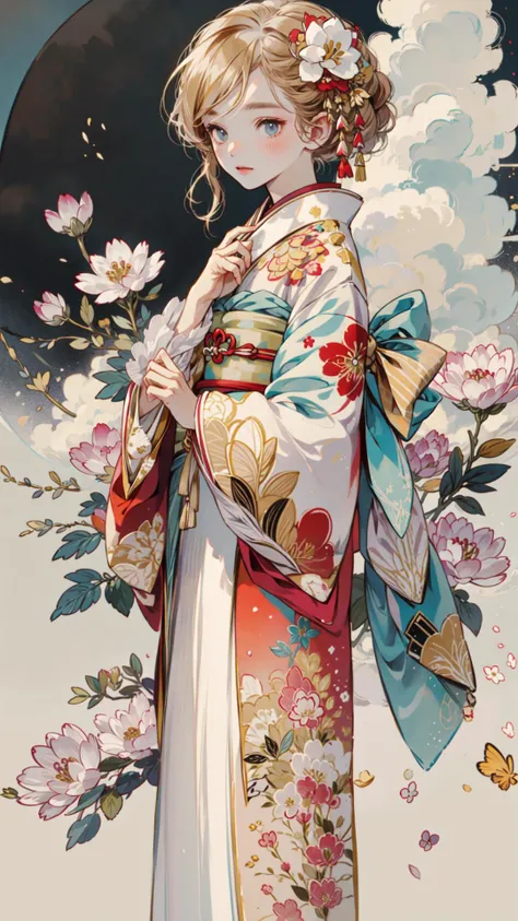 ((best quality)), ((masterpiece)) Gold Frame, Flower, Kimono, clouds <lora:style1:1>