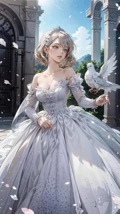 ((best quality)), ((masterpiece)) <lora:wedding_princess:0.5>WEDDING PRINCESS DRESS, light ray, lens flare, white petals, doves