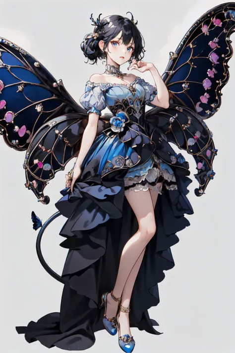 (masterpiece, best quality, high quality, highres, ultra-detailed),official art,official wallpaper,1girl, A genie with black butterfly wings, beautiful, pretty,blue dress, <lora:insect jewelry:1>,flying in the sky, <lora:Skirt_Tail:0.4>, skirt_tail, gem, pearl,standing