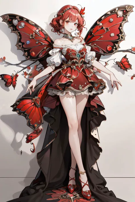 (masterpiece, best quality, high quality, highres, ultra-detailed),official art,official wallpaper,1girl, A genie with red butterfly wings, beautiful, pretty,red dress, <lora:insect jewelry:1>,flying in the sky, <lora:Skirt_Tail:0.4>, skirt_tail, gem, pearl,standing