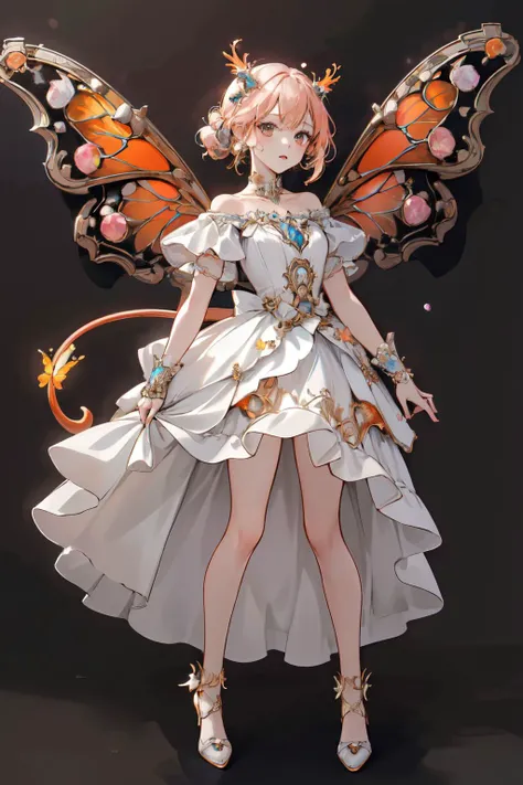 (masterpiece, best quality, high quality, highres, ultra-detailed),official art,official wallpaper,1girl, A genie with orange butterfly wings, beautiful, pretty,white dress, <lora:insect jewelry:1>,flying in the sky, <lora:Skirt_Tail:0.4>, skirt_tail, gem, pearl,standing
