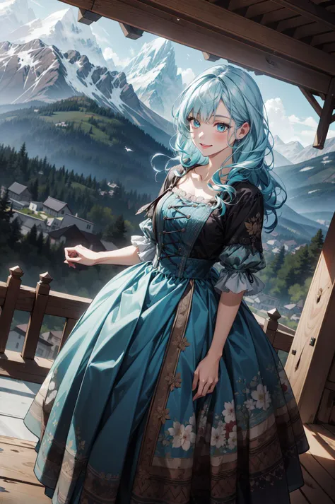 (absurdres, highres, ultra detailed, masterpiece, best quality), full body, dutch angle, finely detailed eyes and detailed face, intricate details, complex background, cinematic lighting, 1girl, solo, wavy hair, light blue hair, turquoise eyes, majestic peaks, rugged terrain, panoramic vistas, alpine beauty, outdoor adventure, breathtaking heights, textile art, fiber manipulation, woven designs, fabric collage, quilting, embroidery, innovative techniques, tactile creations, smile