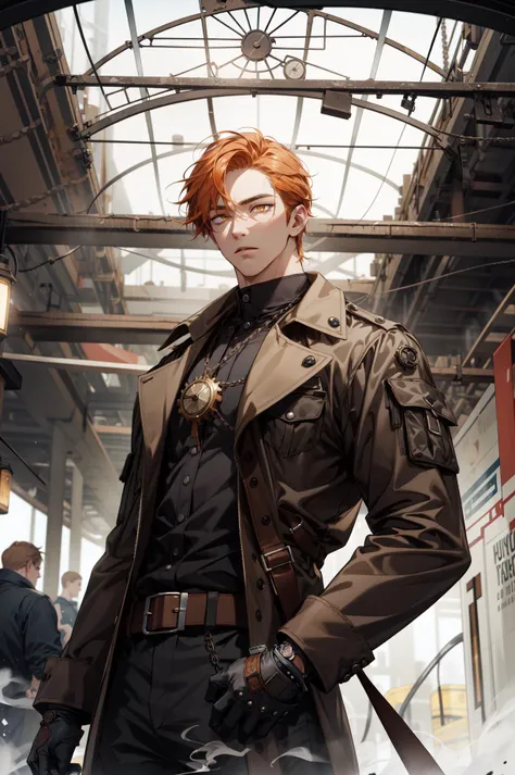 (absurdres, highres, ultra detailed, masterpiece, best quality), cowboy shot, dutch angle, finely detailed eyes and detailed face, intricate details, complex background, cinematic lighting, 1boy, mature, handsome, tall muscular guy, broad shoulders, solo, orange hair, yellow eyes, steampunk, rail, train, train station, glass ceiling, bronze bars, smoke, fumes, exhaust, fog, frost, noisy, complicated, cogwheel, gear, chain, pocket watch, clock, belts, leather jumpers, gloves,