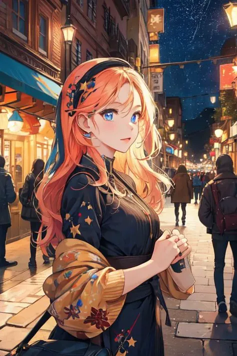 At night, the streets are bustling with activity, illuminated by colorful lights and stars filling the sky