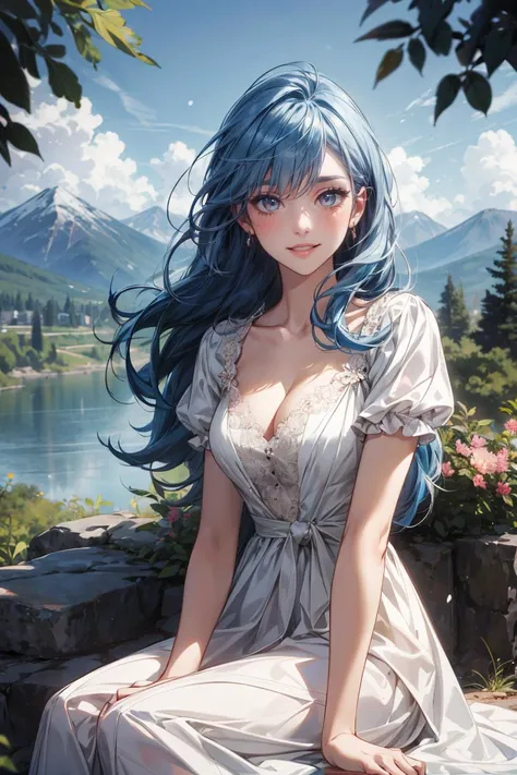 masterpiece, best quality, 1girl, (solo), 25 y old woman, blue hair, long hair, medium shot, medium breasts, looking at viewer, (cleavage), seductive smile, bokeh, hazel eyes, detailed face, river, nature, flowers, mountains in background,
white dress, sitting on stone, clouds, blue sky,