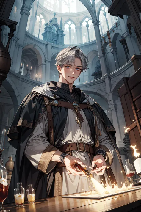 (absurdres, highres, ultra detailed, masterpiece, best quality), cowboy shot, dutch angle, finely detailed eyes and detailed face, intricate details, complex background, cinematic lighting, 1boy, mature, handsome, tall muscular guy, broad shoulders, solo, gray hair, blue eyes, (full body:0.6), detailed background, (valvepunkai, retro-futuristic theme :1.1), medieval alchemist, goggles workshop in background, alchemical implements metal container test tubes vials beakers potion gunpowder electricity philosophers stone flaming liquid blueprint alchemical fomula glowing magical symbols forbidden science magical fantasy atmosphere, occult hermeticism shadows, depth of field, from directly below, dynamic angle, smile