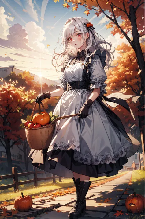 (absurdres, highres, ultra detailed, masterpiece, best quality), full body, dutch angle, finely detailed eyes and detailed face, intricate details, complex background, cinematic lighting, 1girl, solo, wavy hair, white hair, red eyes, Autumn, orchard, harvest season, Thanksgiving, farmer, apron, gloves, boots, basket full of fruit, fence, fruit tree, apple, persimmon, pumpkin, peaceful, sunset, cloudy sky, maple,