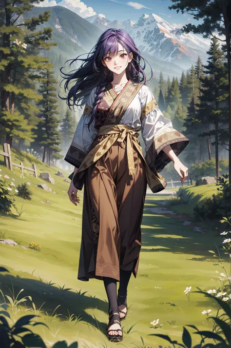(absurdres, highres, ultra detailed, masterpiece, best quality), full body, dutch angle, finely detailed eyes and detailed face, intricate details, complex background, cinematic lighting, 1girl, solo, textured hair, violet hair, black eyes, walking, loitering pose, farms, goats, sheep, shepherds, plains, mountains in the distance, pastures, grass, weeds, hedges, herders, piper, peaceful, tranquil, secluded, ethnic style, traditional clothing, vibrant patterns, handmade textiles, cultural motifs, beaded jewelry, artisanal accessories, smile
