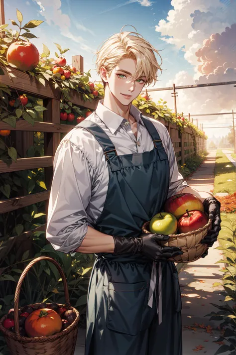 (absurdres, highres, ultra detailed, masterpiece, best quality), cowboy shot, dutch angle, finely detailed eyes and detailed face, intricate details, complex background, cinematic lighting, 1boy, mature, handsome, tall muscular guy, broad shoulders, solo, yellow hair, green eyes, Autumn, orchard, harvest season, Thanksgiving, farmer, apron, gloves, boots, basket full of fruit, fence, fruit tree, apple, persimmon, pumpkin, peaceful, sunset, cloudy sky, maple, smile