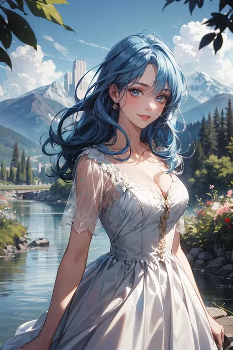 masterpiece, best quality, 1girl, (solo), 25 y old woman, blue hair, long hair, medium shot, medium breasts, looking at viewer, (cleavage), seductive smile, bokeh, hazel eyes, detailed face, river, nature, flowers, mountains in background,
white dress, standing, clouds, blue sky,