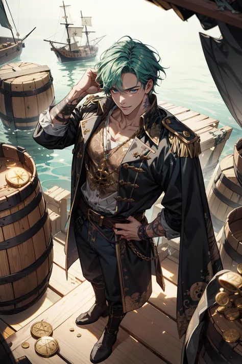 (absurdres, highres, ultra detailed, masterpiece, best quality), full body, dutch angle, finely detailed eyes and detailed face, intricate details, complex background, cinematic lighting, 1boy, mature, handsome, tall muscular guy, broad shoulders, solo, green hair, blue eyes, (dark:0.8) skin, (battlescars:0.7) (full body:0.6), detailed background, sinister smile cursed pirate, simple pirate captain outfit, tattoos dark fantasy theme, dark pirate cave, shallow water bones stacks of loot flying gold coins piles of shining golden coins heaps of gold coins too much coin to count doubloons wooden crates treasure chests weapons loot compass treasure map rum barrels in background treasure cannonballs, depth of field, from directly above,