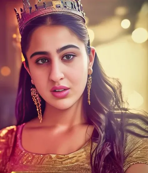 (SaraAliKhan) , photograph, Beautiful, Biopunk [Ultrarealistic:Enthralling:18] heavyset Hungarian (Girl:1.1) , wearing Polyurethane, Meek Headband, Crown, background is [Arena|Bar], at Overcast, shallow depth of field, Masterpiece, Amusing, key light, film grain, Iphone X, L USM, lots of details,  <lora:SaraAliKhanSD1.5:1>