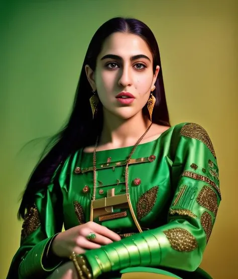 (SaraAliKhan) , (art by Gerda Taro:0.9) , (art by Jack Hughes:0.8) , photograph, Narrative Female with Metal skin, ð¤®, Regency hair, Ultra Detailed, Kodak portra 400, 35mm, Gradient and electric green flakes, <lora:SaraAliKhanSD1.5:1>