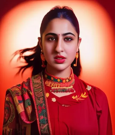 (SaraAliKhan) , photograph, Gouache Art, [Trendy|Appealing] Georgian (Woman:1.1) , Gunnery Sergeant, wearing 1900'S Straw Vivid Kanzu, Hong Konger Lipstick, Ultrarealistic, Frightening, volumetric lighting, film grain, Kodak gold 200, Low shutter, Crimson and Beige hue,  <lora:SaraAliKhanSD1.5:1>