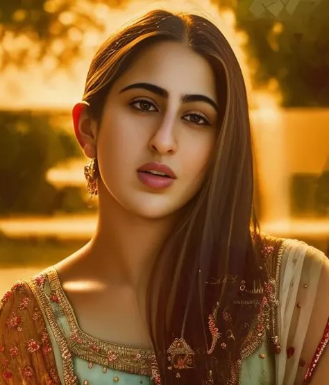 (SaraAliKhan) , (art by Henriette Grindat:0.9) , photograph, Mosaic-Like Woman, ð, Summer, Tranquil, dramatic lighting, film grain, Sony A7, Selective focus, 64K, professional, <lora:SaraAliKhanSD1.5:1>