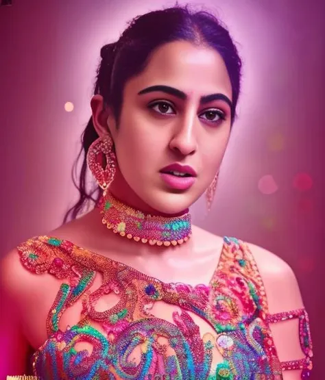 (SaraAliKhan) , photograph, Thought-Provoking Woman, wearing Murano Burundian Circuitry Wedding dress, Rainbow Calming hair, split diopter, Colorless lighting, film grain, Nikon d3300, Zoom lens, Dichromatic, Movie concept art,  <lora:SaraAliKhanSD1.5:1>