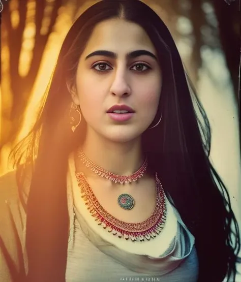 (SaraAliKhan) , art by Henriette Grindat, photograph, Wanderlust Woman, Good Necklace, Winter, Screen print, Depressing, natural lighting, film grain, Polaroid, F/2.8, ethereal magical atmosphere, <lora:SaraAliKhanSD1.5:1>