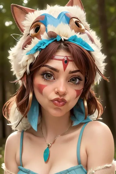 hotify prettify, portrait of woman pouting, forest <lora:Pouting:.7> <lora:ARWPrincessMononoke:1> princessmononoke girl