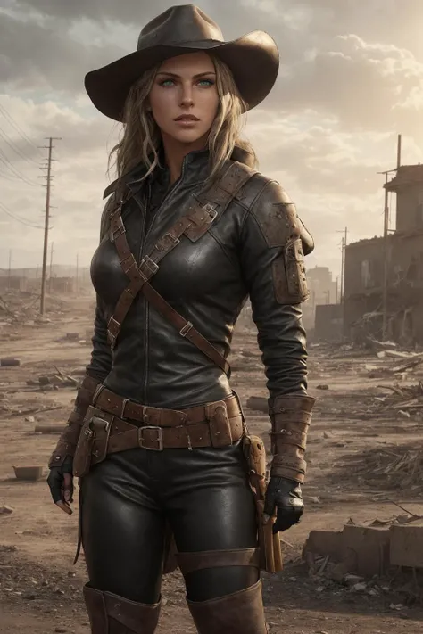 Post towns in the west,Sheriff in cowboy fashion,Gunslinger Costume,Leather jacket with front opening,Wrap a gun belt around your waist,Pistol in holster,Cowboy Hat,Blonde short bob hair,Generate images of women,Especially while reflecting elements of Western beauty,Woman with natural smile and attractive expression,Woman with natural smile and attractive expression,Transparent skin,sparkle in eyes,Expresses an elegant atmosphere,(in 8K, Raw foto, top-quality, masutepiece),Bloom,sunlights,电影灯光,(realisitic, photoRealstic),large full breasts,Emphasizes cleavage,pasture,